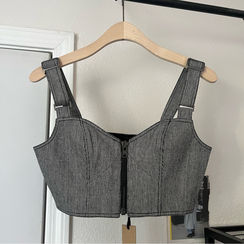 NWT KSUBI grey black and white houndstooth linen cotton zip up‎ corset bustier